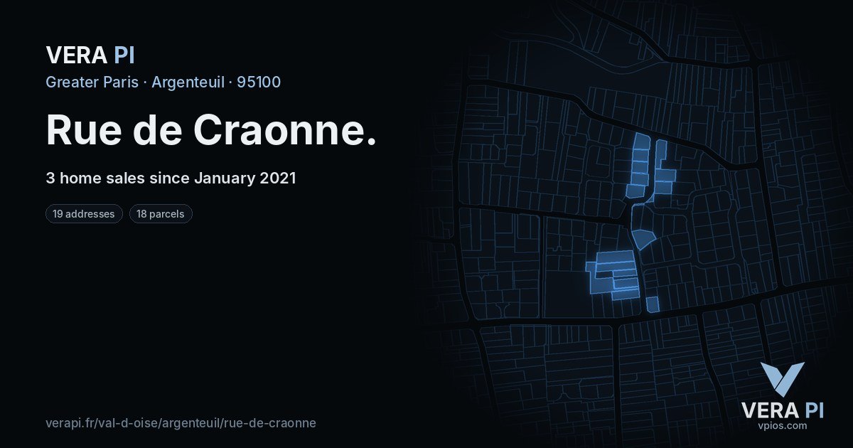 Rue de Craonne, Argenteuil at night – every parcel coloured by the prices around it, the street's own parcels lit