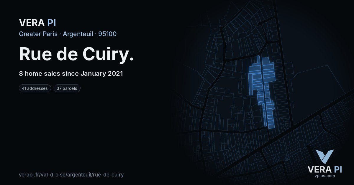 Rue de Cuiry, Argenteuil at night – every parcel coloured by the prices around it, the street's own parcels lit