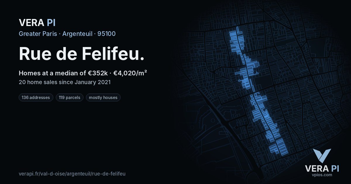 Rue de Felifeu, Argenteuil at night – every parcel coloured by the prices around it, the street's own parcels lit