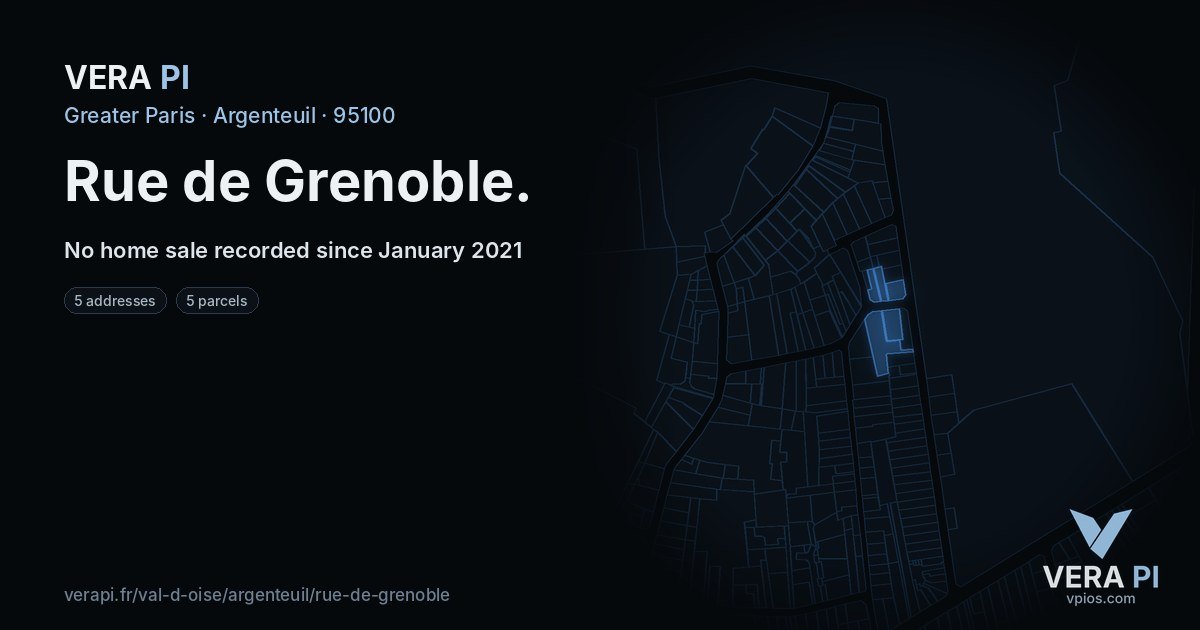 Rue de Grenoble, Argenteuil at night – every parcel coloured by the prices around it, the street's own parcels lit