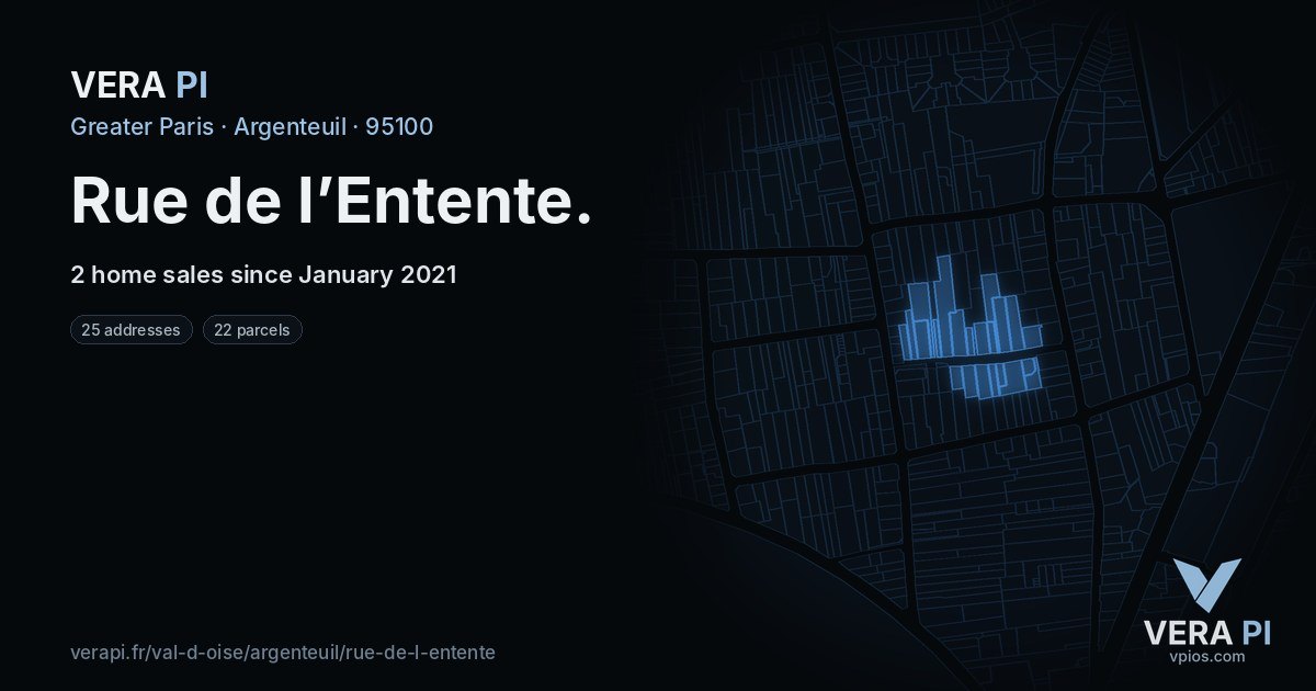 Rue de l’Entente, Argenteuil at night – every parcel coloured by the prices around it, the street's own parcels lit