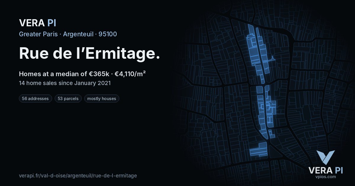 Rue de l’Ermitage, Argenteuil at night – every parcel coloured by the prices around it, the street's own parcels lit