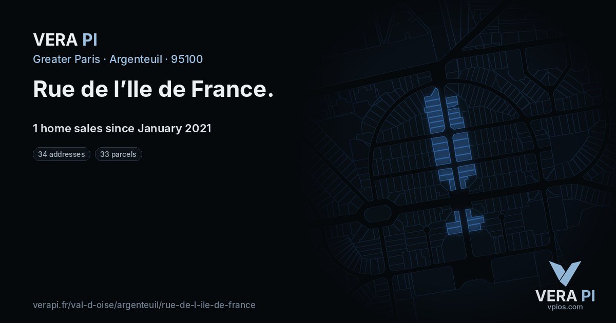 Rue de l’Ile de France, Argenteuil at night – every parcel coloured by the prices around it, the street's own parcels lit