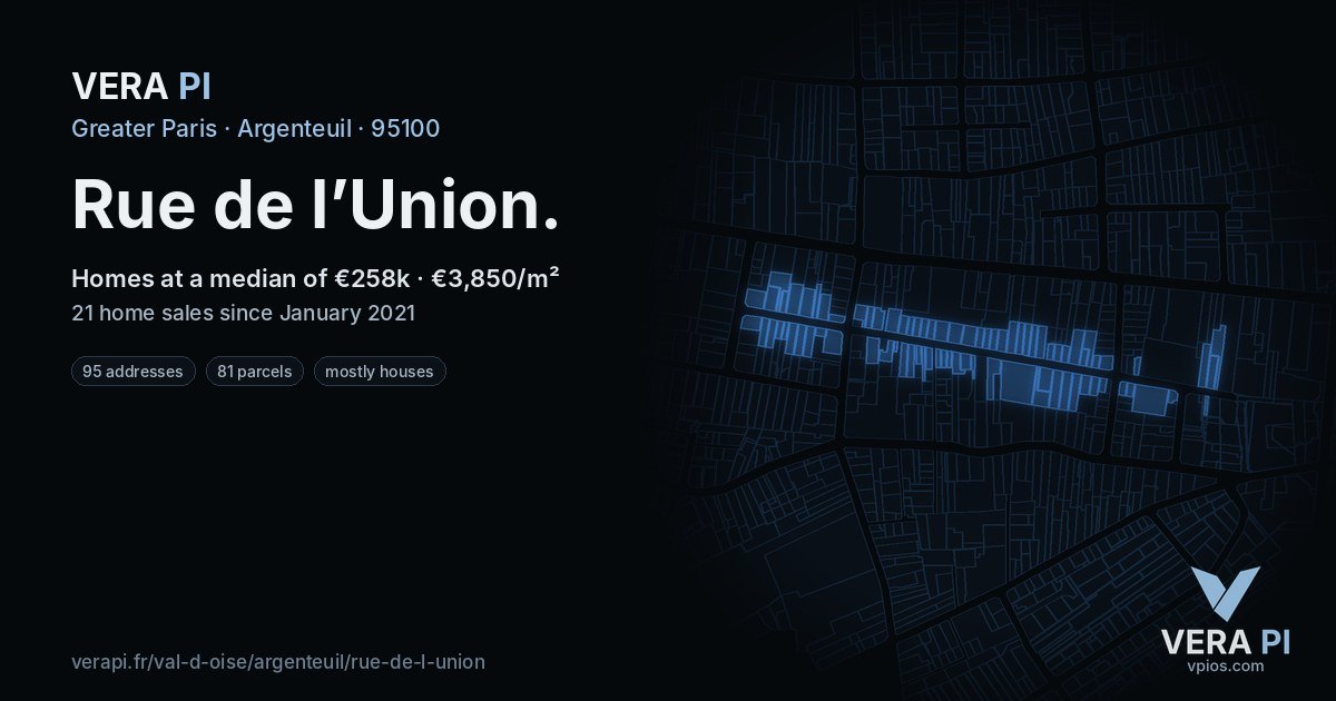 Rue de l’Union, Argenteuil at night – every parcel coloured by the prices around it, the street's own parcels lit