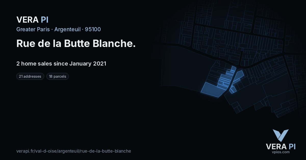 Rue de la Butte Blanche, Argenteuil at night – every parcel coloured by the prices around it, the street's own parcels lit
