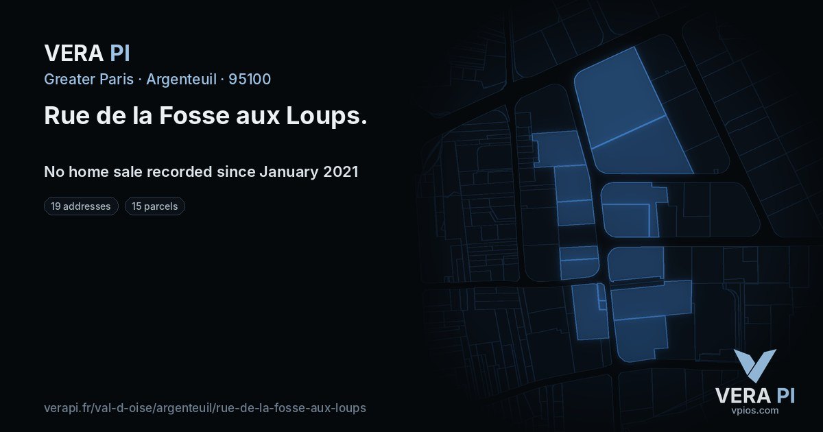 Rue de la Fosse aux Loups, Argenteuil at night – every parcel coloured by the prices around it, the street's own parcels lit