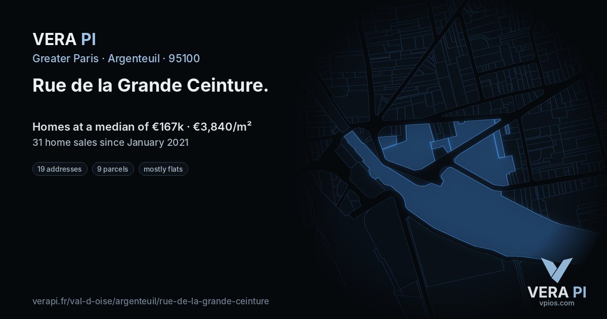 Rue de la Grande Ceinture, Argenteuil at night – every parcel coloured by the prices around it, the street's own parcels lit