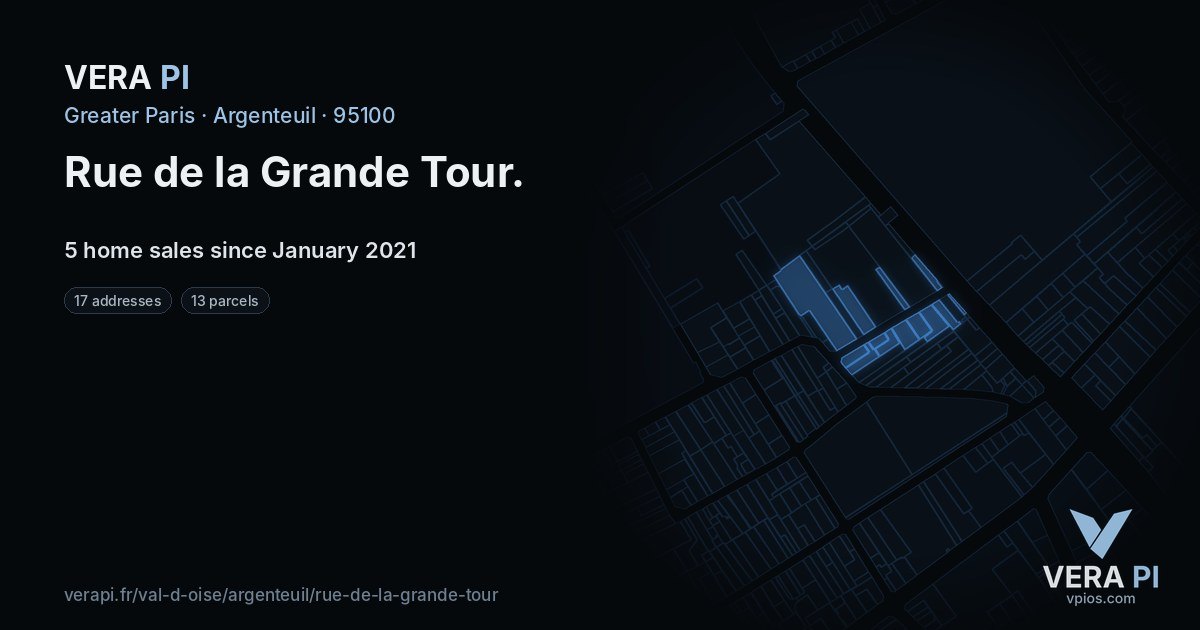 Rue de la Grande Tour, Argenteuil at night – every parcel coloured by the prices around it, the street's own parcels lit