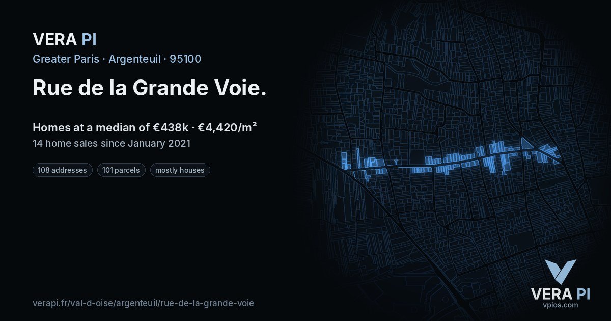 Rue de la Grande Voie, Argenteuil at night – every parcel coloured by the prices around it, the street's own parcels lit
