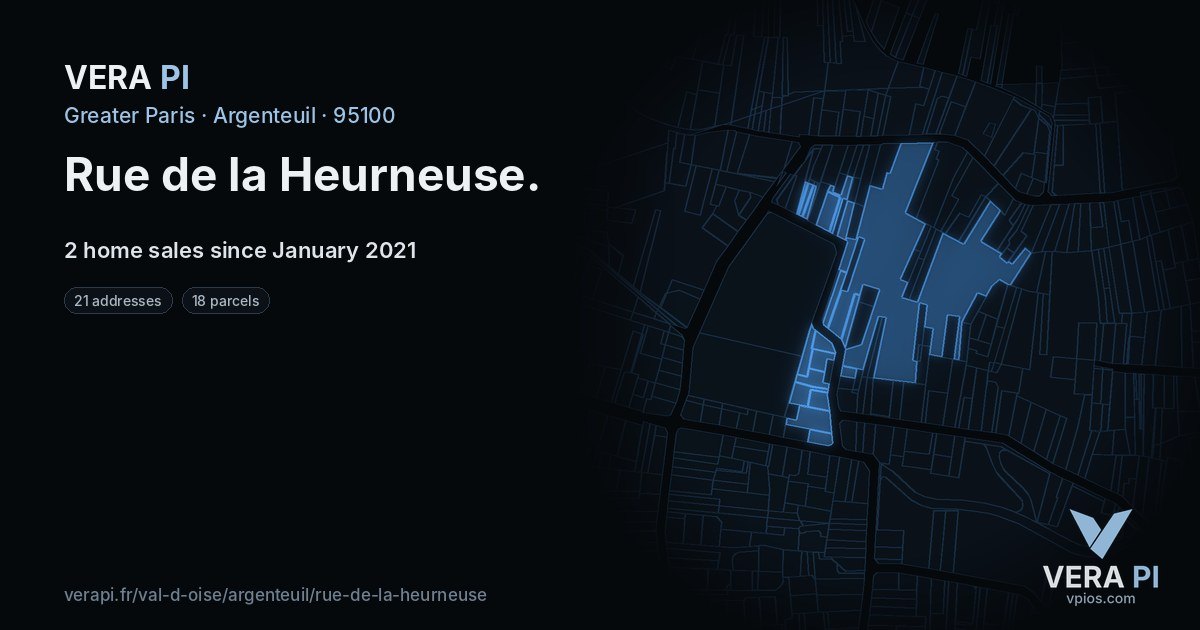 Rue de la Heurneuse, Argenteuil at night – every parcel coloured by the prices around it, the street's own parcels lit