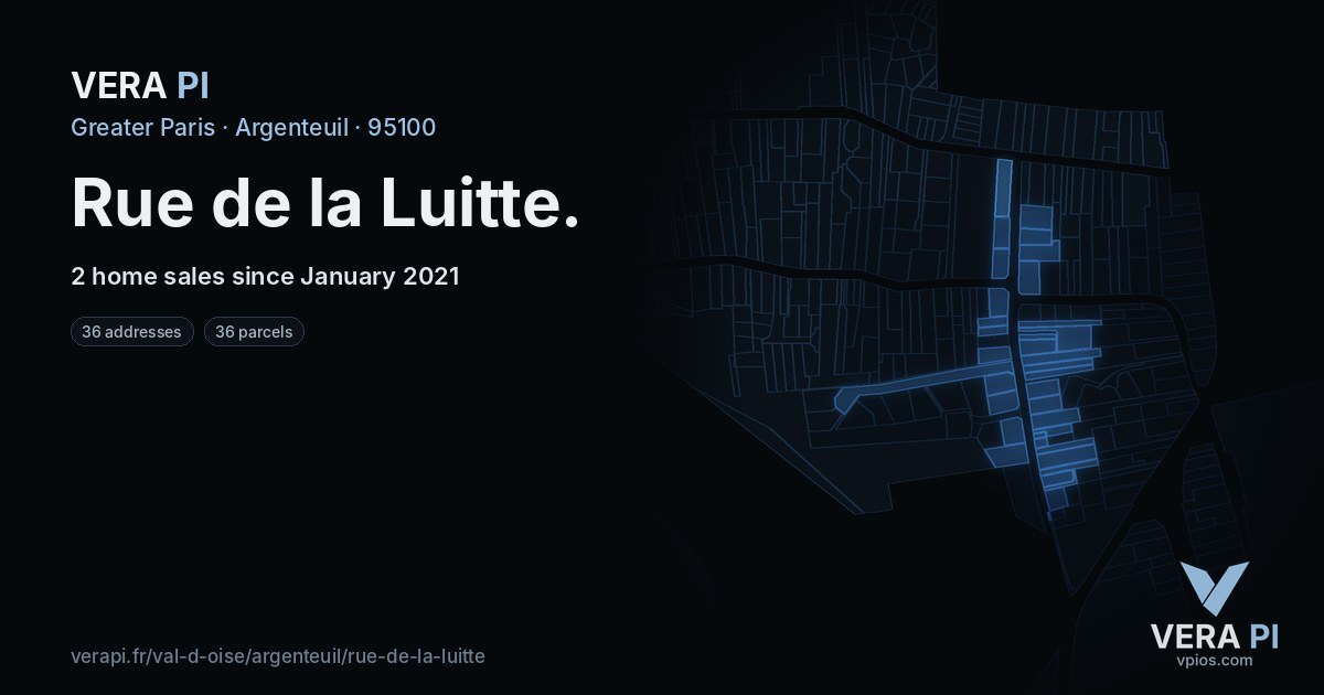 Rue de la Luitte, Argenteuil at night – every parcel coloured by the prices around it, the street's own parcels lit