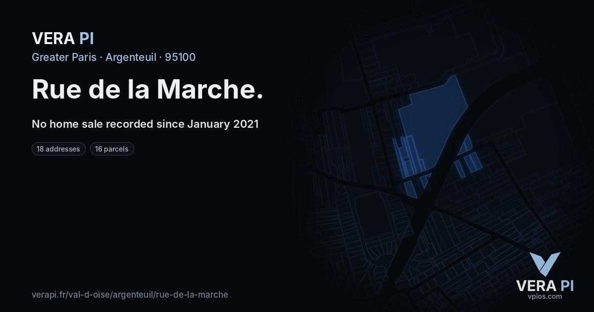 Rue de la Marche, Argenteuil at night – every parcel coloured by the prices around it, the street's own parcels lit