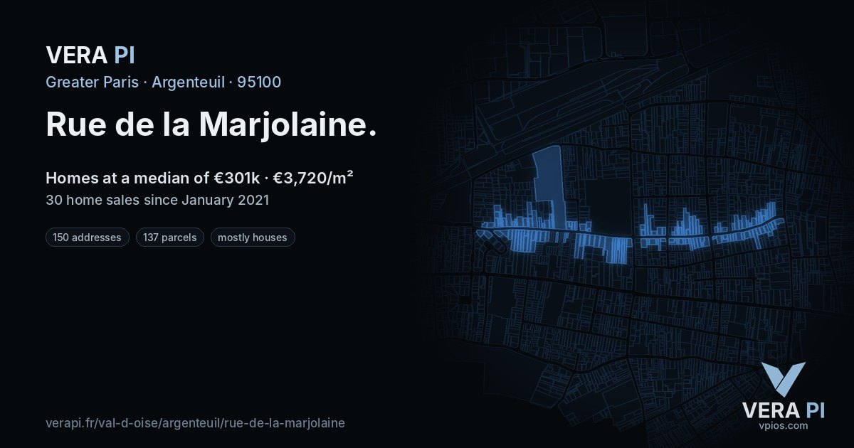 Rue de la Marjolaine, Argenteuil at night – every parcel coloured by the prices around it, the street's own parcels lit
