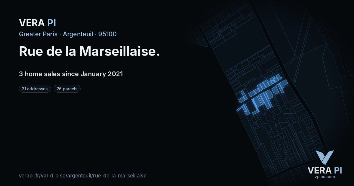 Rue de la Marseillaise, Argenteuil at night – every parcel coloured by the prices around it, the street's own parcels lit