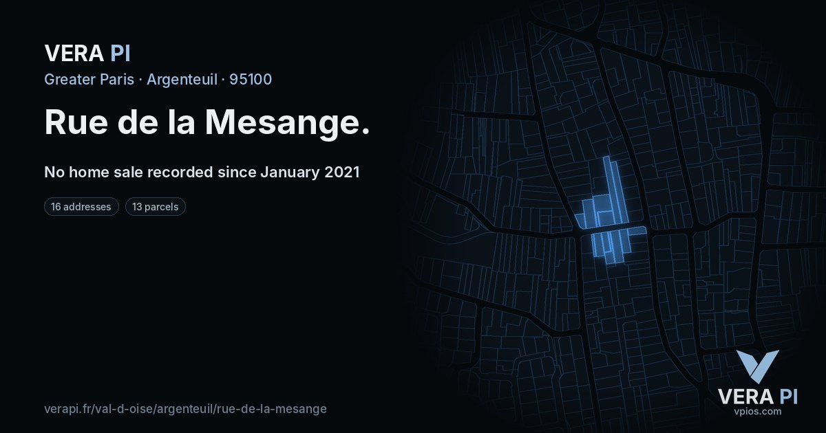 Rue de la Mesange, Argenteuil at night – every parcel coloured by the prices around it, the street's own parcels lit