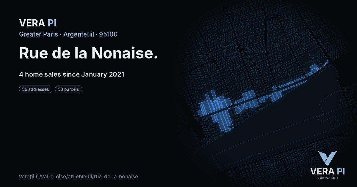 Rue de la Nonaise, Argenteuil at night – every parcel coloured by the prices around it, the street's own parcels lit