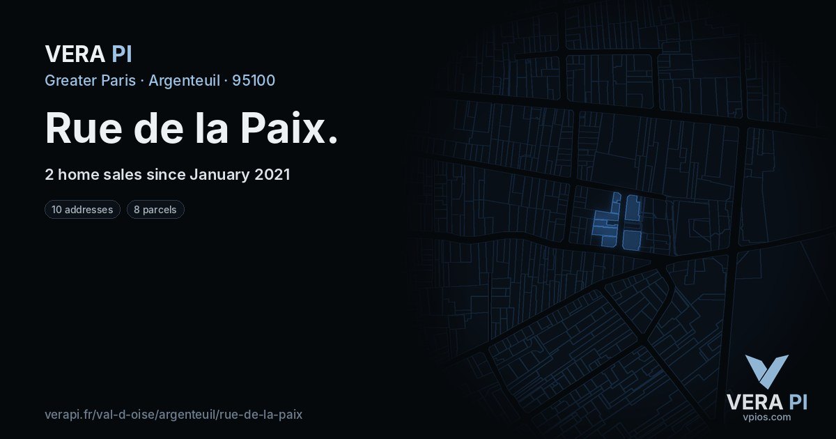 Rue de la Paix, Argenteuil at night – every parcel coloured by the prices around it, the street's own parcels lit