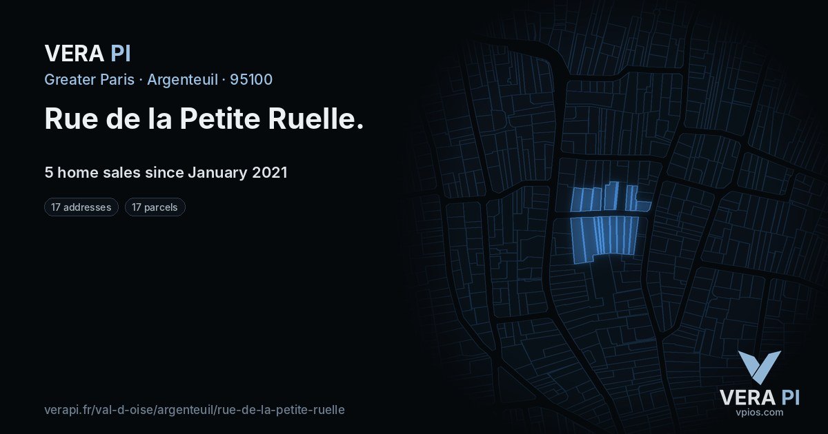 Rue de la Petite Ruelle, Argenteuil at night – every parcel coloured by the prices around it, the street's own parcels lit