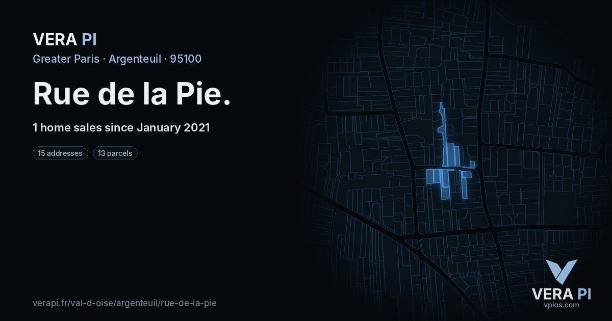 Rue de la Pie, Argenteuil at night – every parcel coloured by the prices around it, the street's own parcels lit