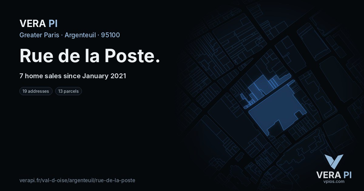 Rue de la Poste, Argenteuil at night – every parcel coloured by the prices around it, the street's own parcels lit