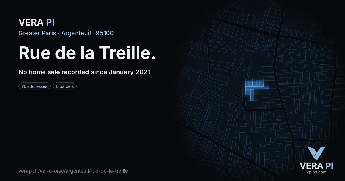 Rue de la Treille, Argenteuil at night – every parcel coloured by the prices around it, the street's own parcels lit