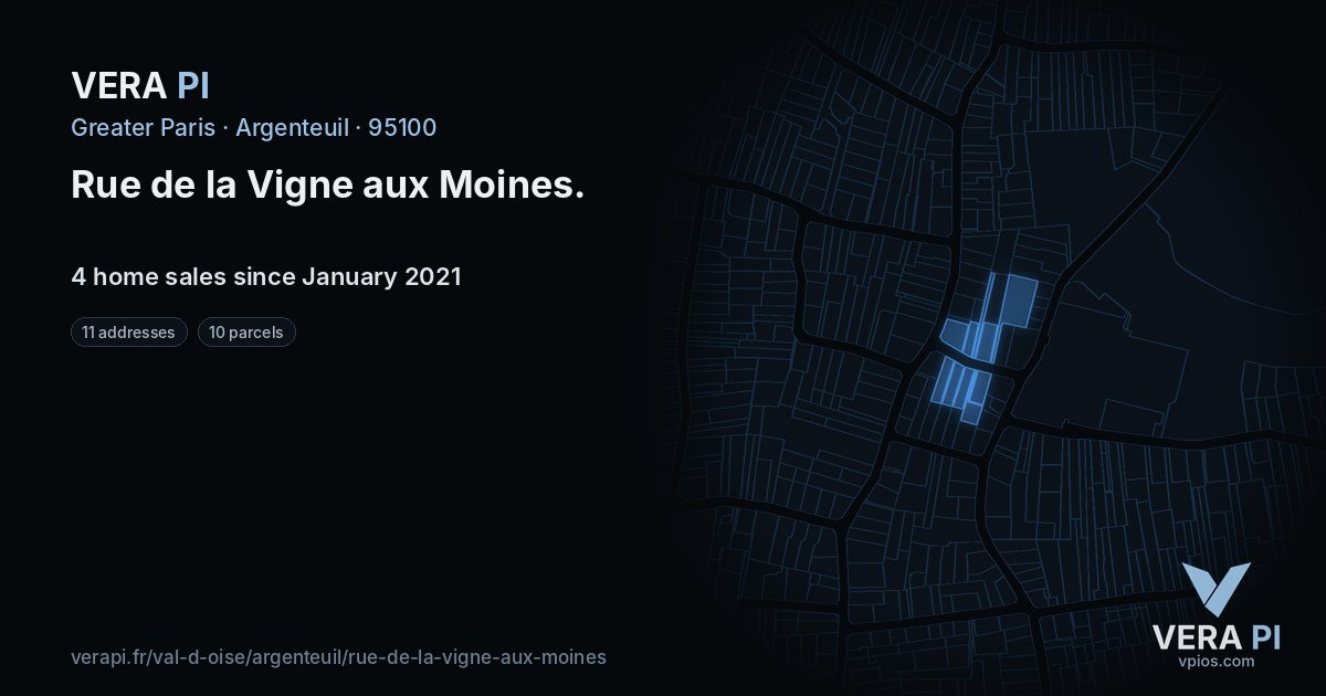 Rue de la Vigne aux Moines, Argenteuil at night – every parcel coloured by the prices around it, the street's own parcels lit