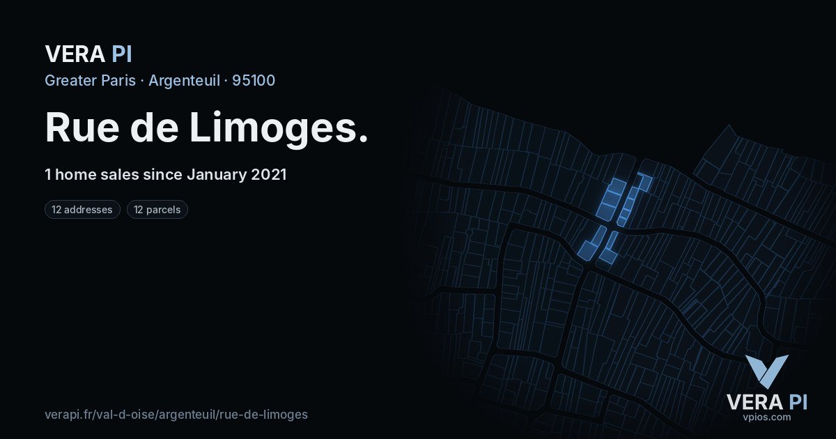 Rue de Limoges, Argenteuil at night – every parcel coloured by the prices around it, the street's own parcels lit