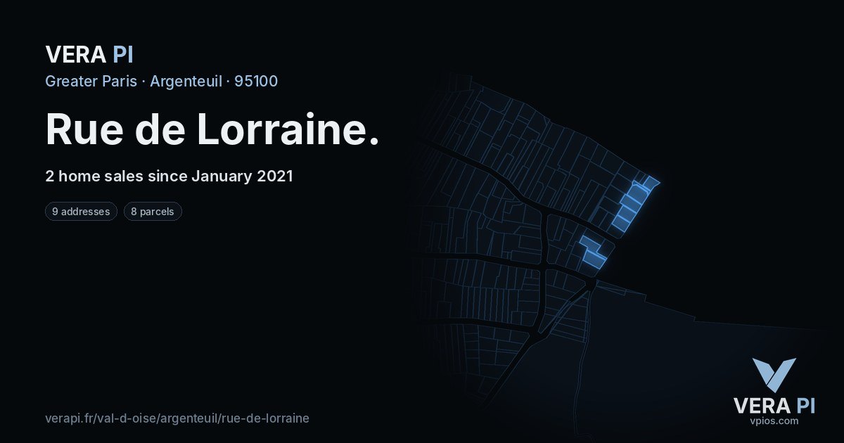 Rue de Lorraine, Argenteuil at night – every parcel coloured by the prices around it, the street's own parcels lit