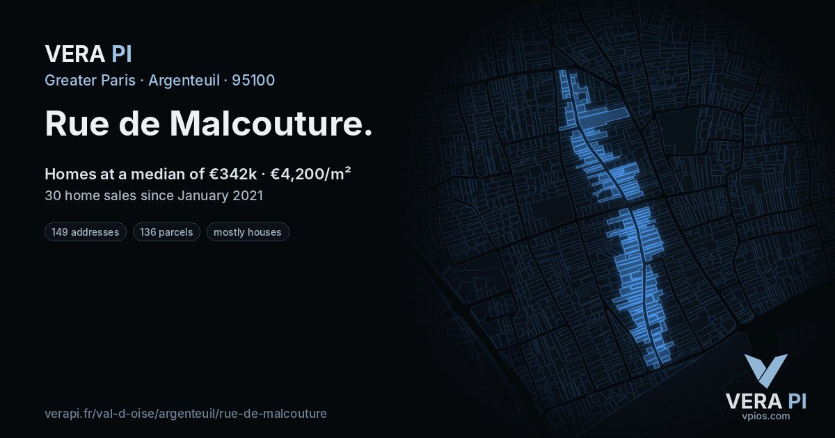 Rue de Malcouture, Argenteuil at night – every parcel coloured by the prices around it, the street's own parcels lit