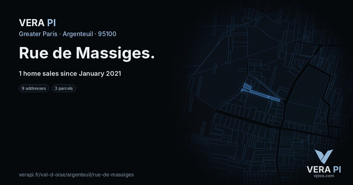 Rue de Massiges, Argenteuil at night – every parcel coloured by the prices around it, the street's own parcels lit