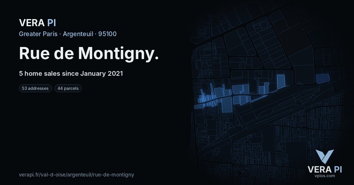 Rue de Montigny, Argenteuil at night – every parcel coloured by the prices around it, the street's own parcels lit