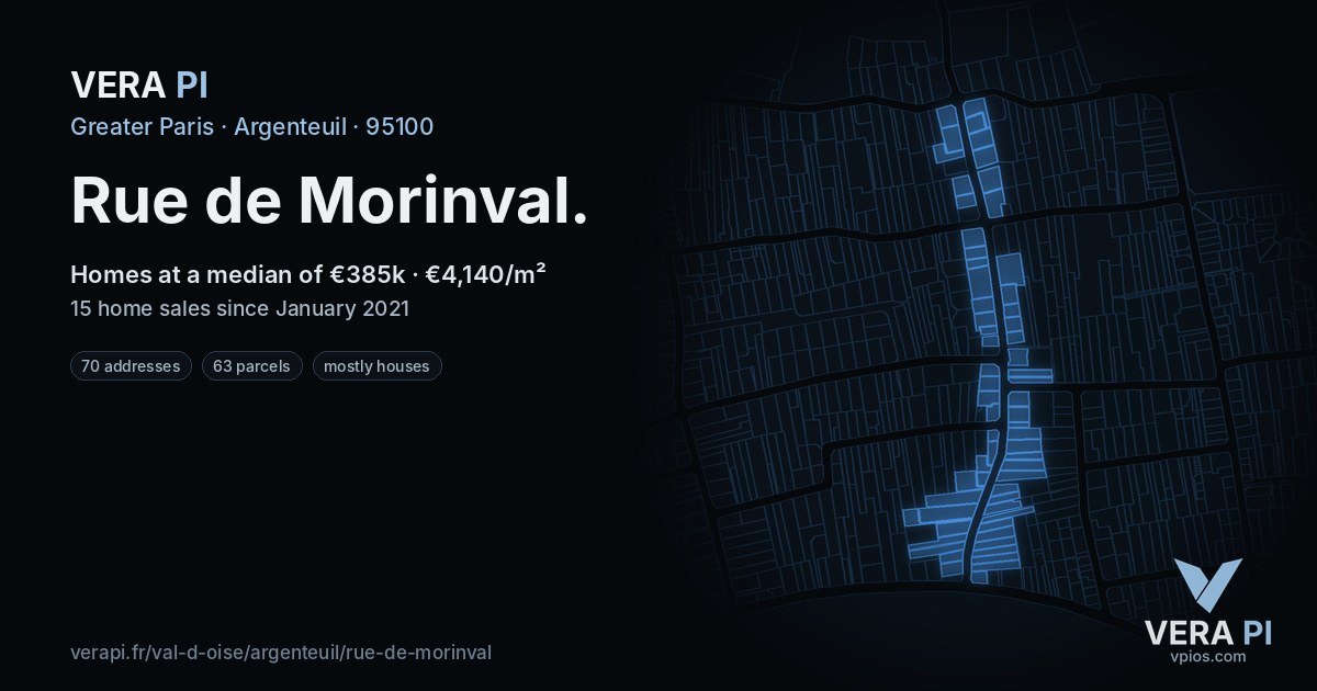 Rue de Morinval, Argenteuil at night – every parcel coloured by the prices around it, the street's own parcels lit
