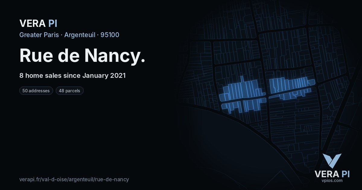 Rue de Nancy, Argenteuil at night – every parcel coloured by the prices around it, the street's own parcels lit