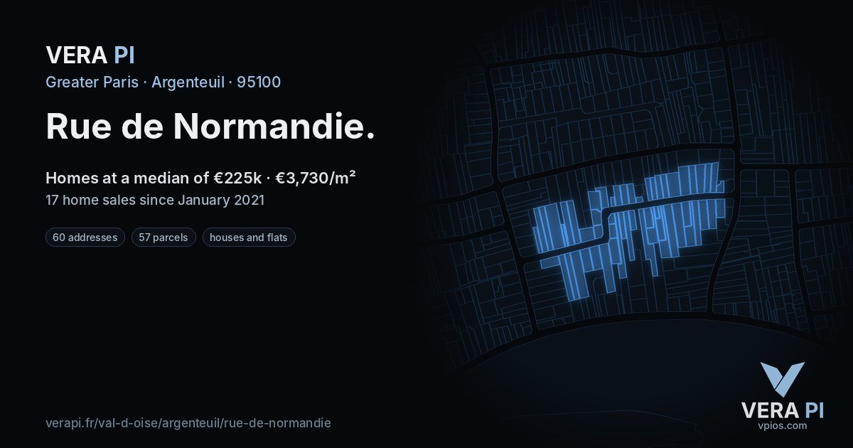 Rue de Normandie, Argenteuil at night – every parcel coloured by the prices around it, the street's own parcels lit