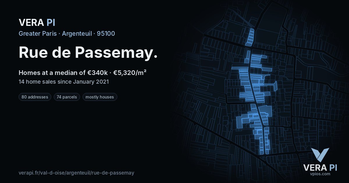Rue de Passemay, Argenteuil at night – every parcel coloured by the prices around it, the street's own parcels lit