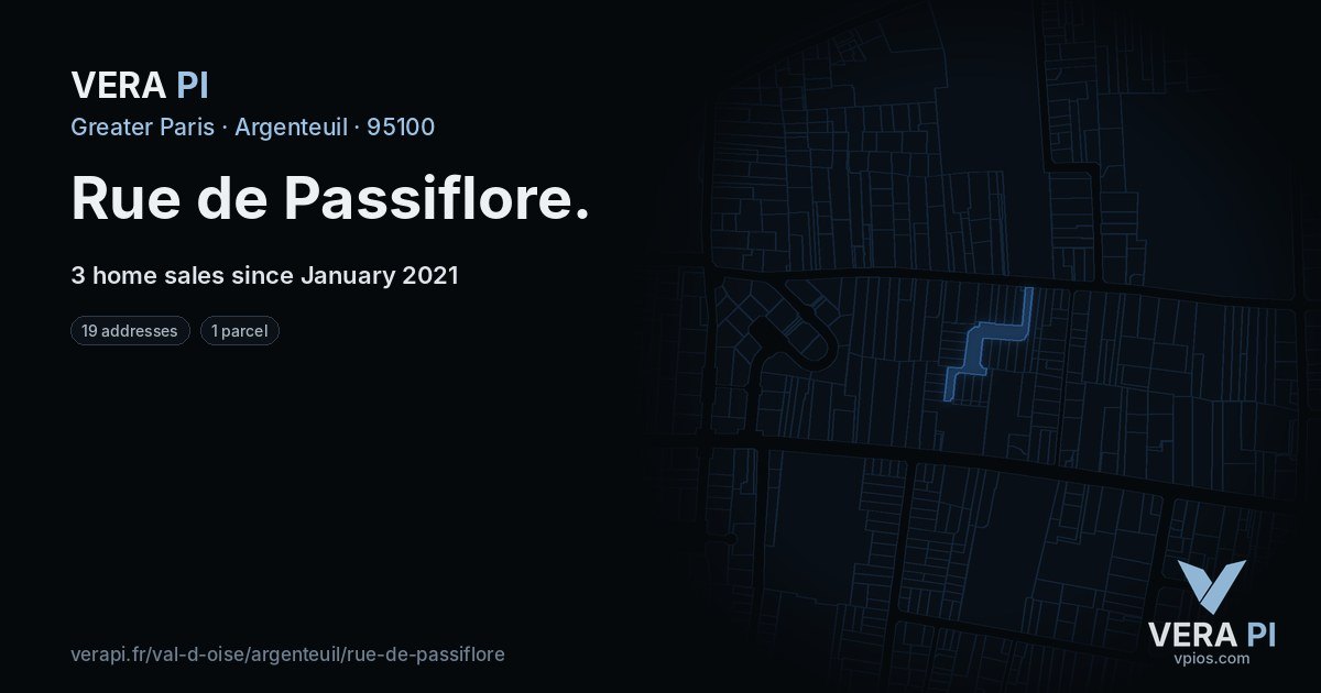 Rue de Passiflore, Argenteuil at night – every parcel coloured by the prices around it, the street's own parcels lit
