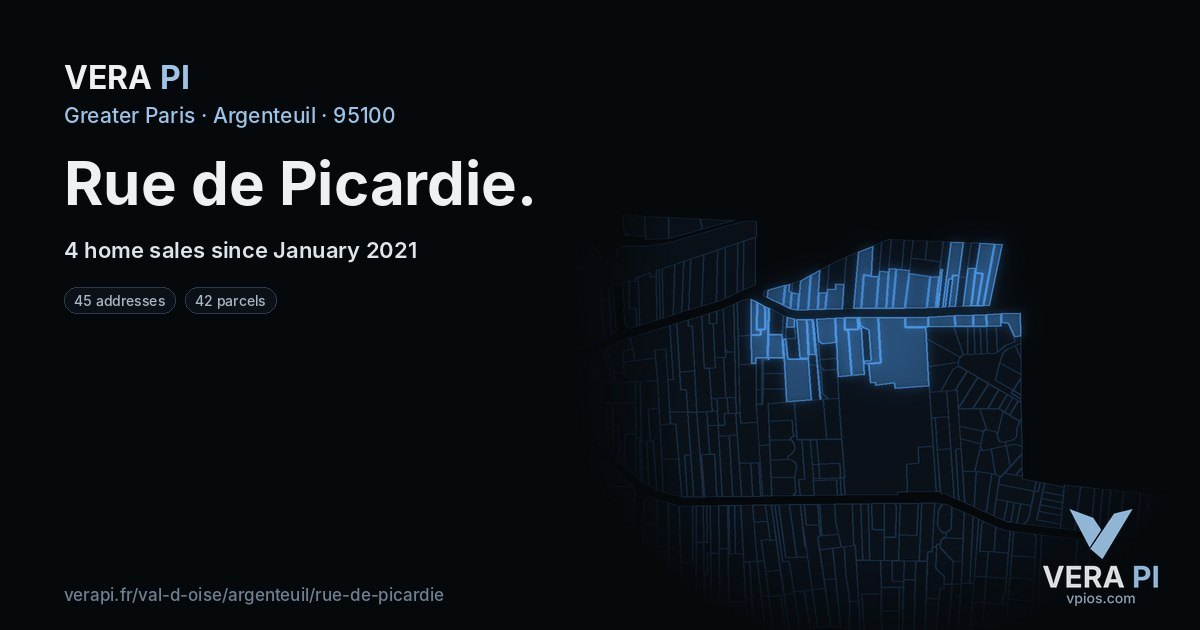 Rue de Picardie, Argenteuil at night – every parcel coloured by the prices around it, the street's own parcels lit