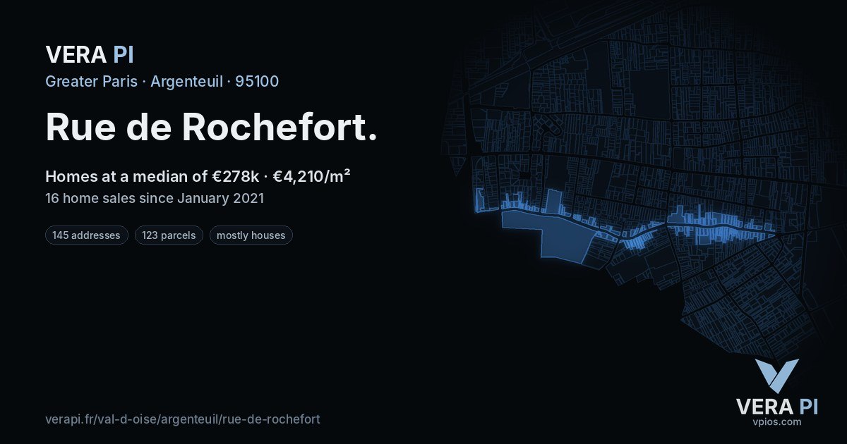 Rue de Rochefort, Argenteuil at night – every parcel coloured by the prices around it, the street's own parcels lit