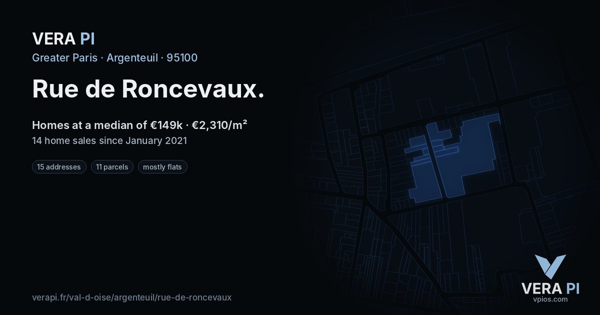 Rue de Roncevaux, Argenteuil at night – every parcel coloured by the prices around it, the street's own parcels lit