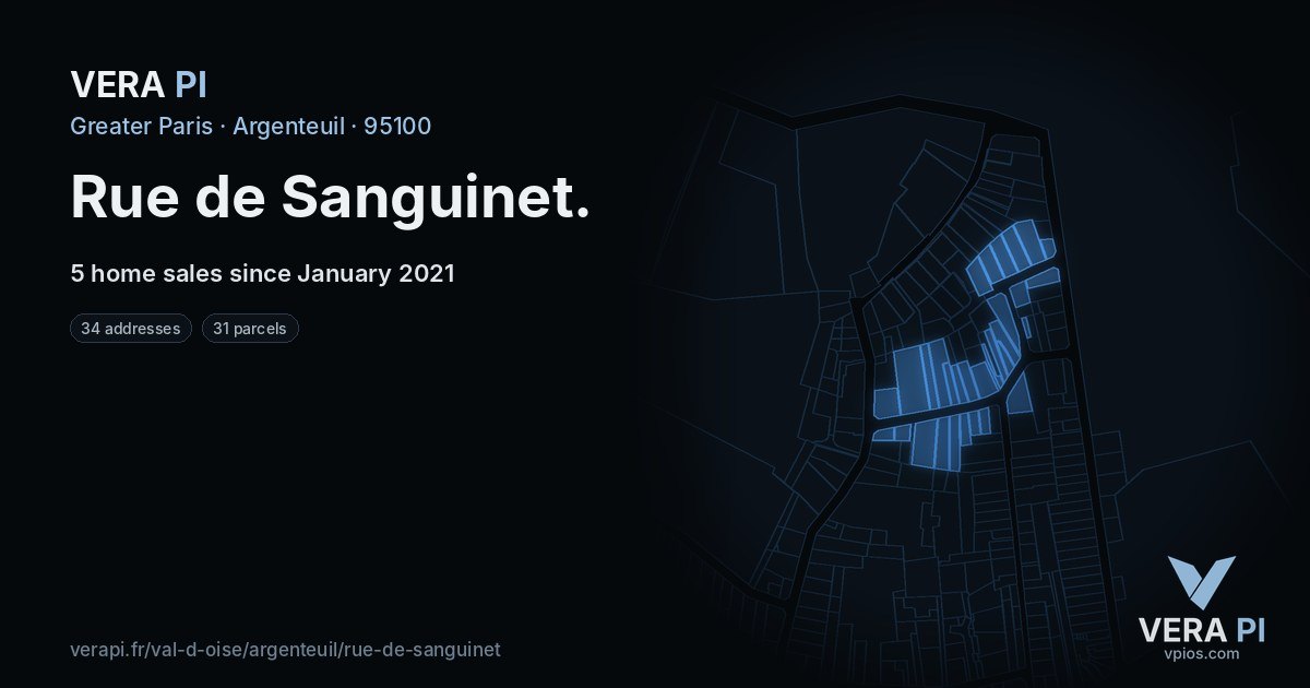 Rue de Sanguinet, Argenteuil at night – every parcel coloured by the prices around it, the street's own parcels lit