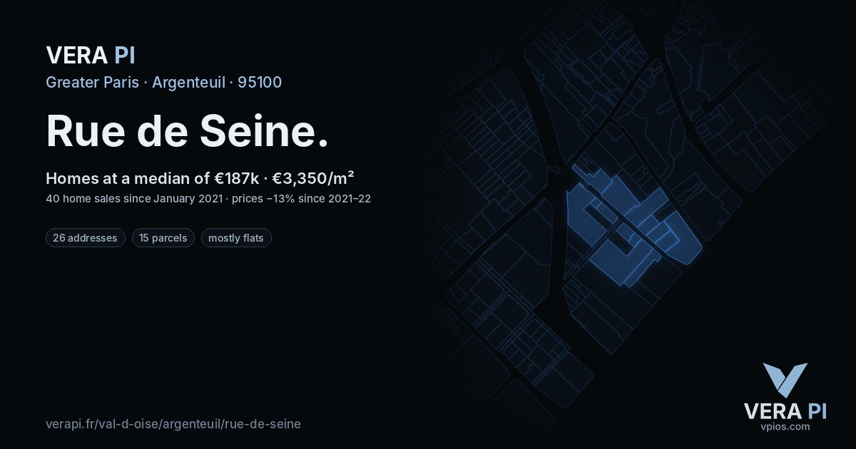 Rue de Seine, Argenteuil at night – every parcel coloured by the prices around it, the street's own parcels lit