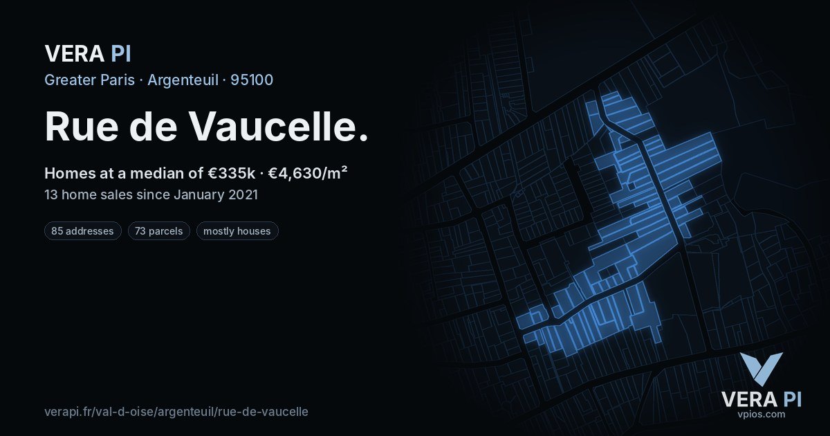Rue de Vaucelle, Argenteuil at night – every parcel coloured by the prices around it, the street's own parcels lit