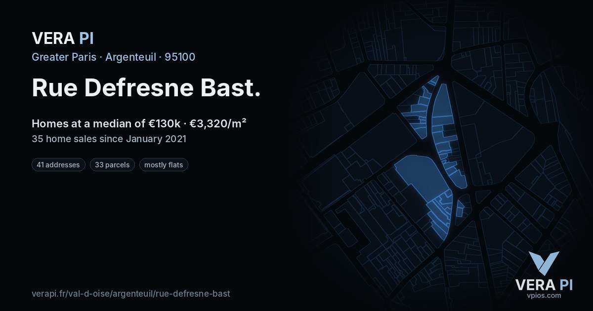 Rue Defresne Bast, Argenteuil at night – every parcel coloured by the prices around it, the street's own parcels lit