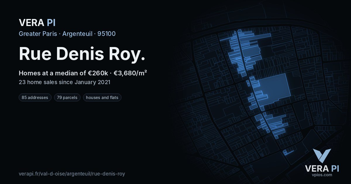 Rue Denis Roy, Argenteuil at night – every parcel coloured by the prices around it, the street's own parcels lit