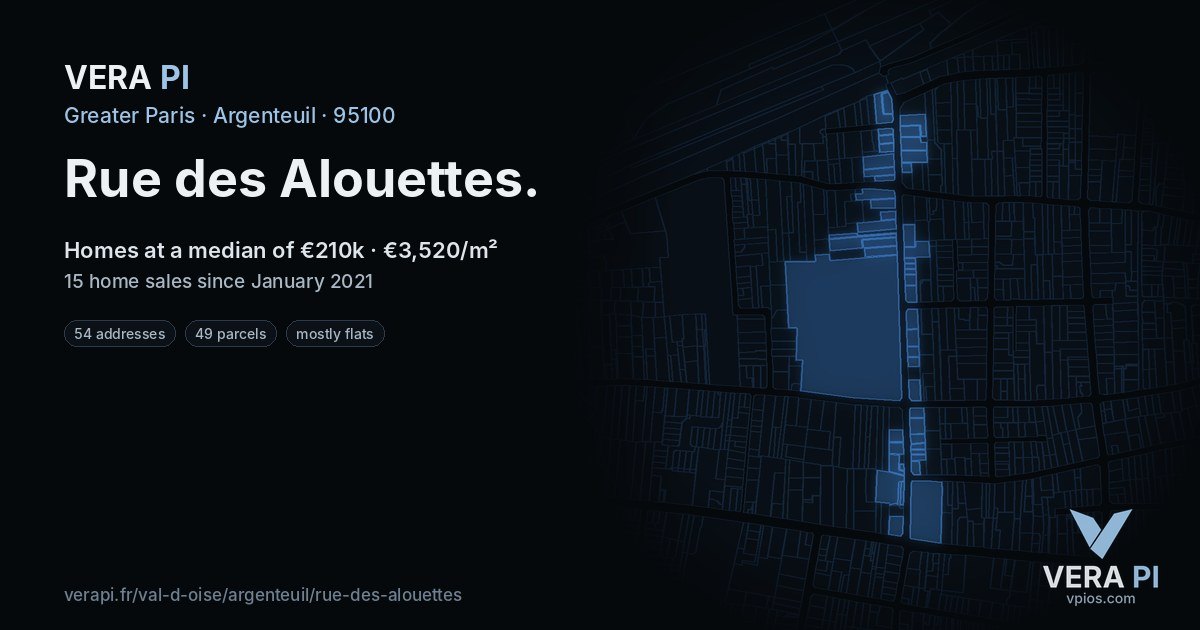 Rue des Alouettes, Argenteuil at night – every parcel coloured by the prices around it, the street's own parcels lit