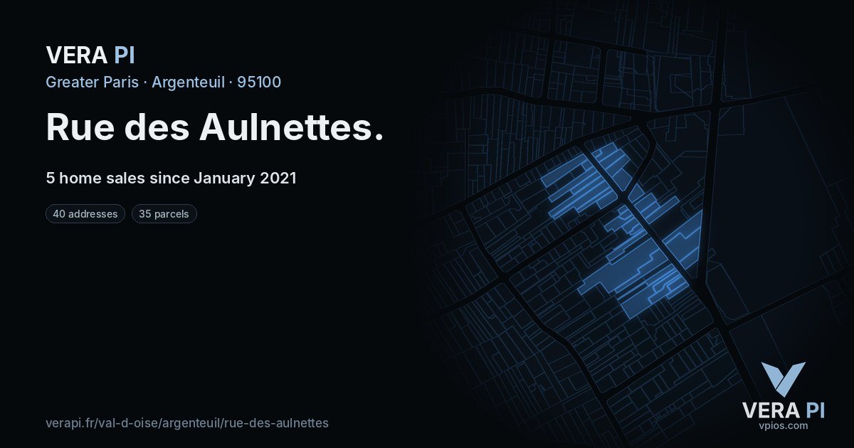 Rue des Aulnettes, Argenteuil at night – every parcel coloured by the prices around it, the street's own parcels lit