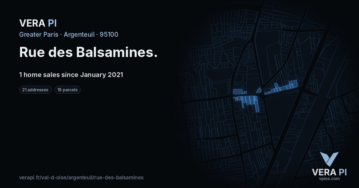 Rue des Balsamines, Argenteuil at night – every parcel coloured by the prices around it, the street's own parcels lit