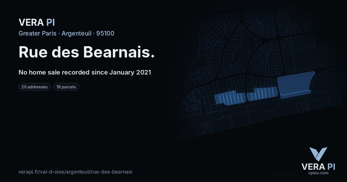 Rue des Bearnais, Argenteuil at night – every parcel coloured by the prices around it, the street's own parcels lit