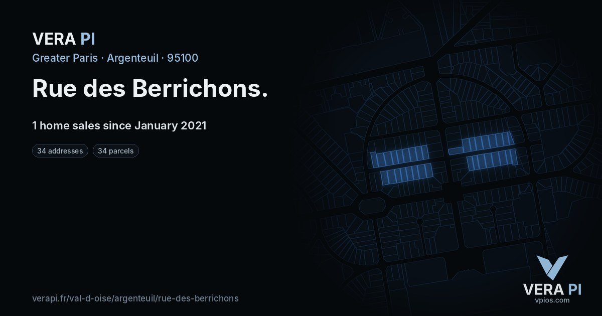 Rue des Berrichons, Argenteuil at night – every parcel coloured by the prices around it, the street's own parcels lit