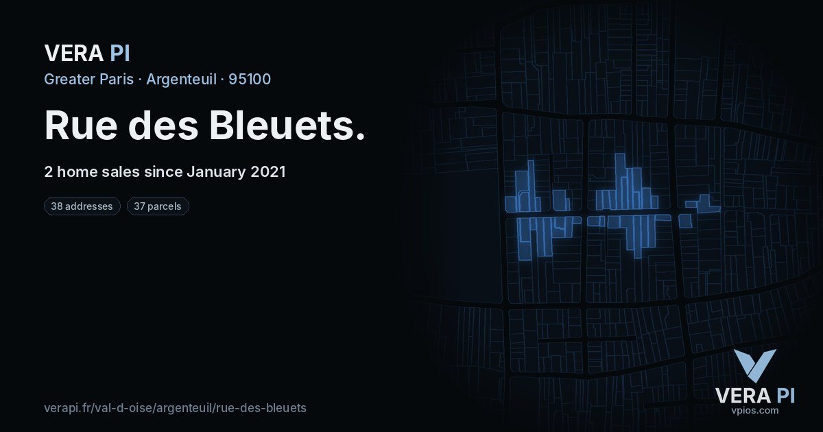 Rue des Bleuets, Argenteuil at night – every parcel coloured by the prices around it, the street's own parcels lit